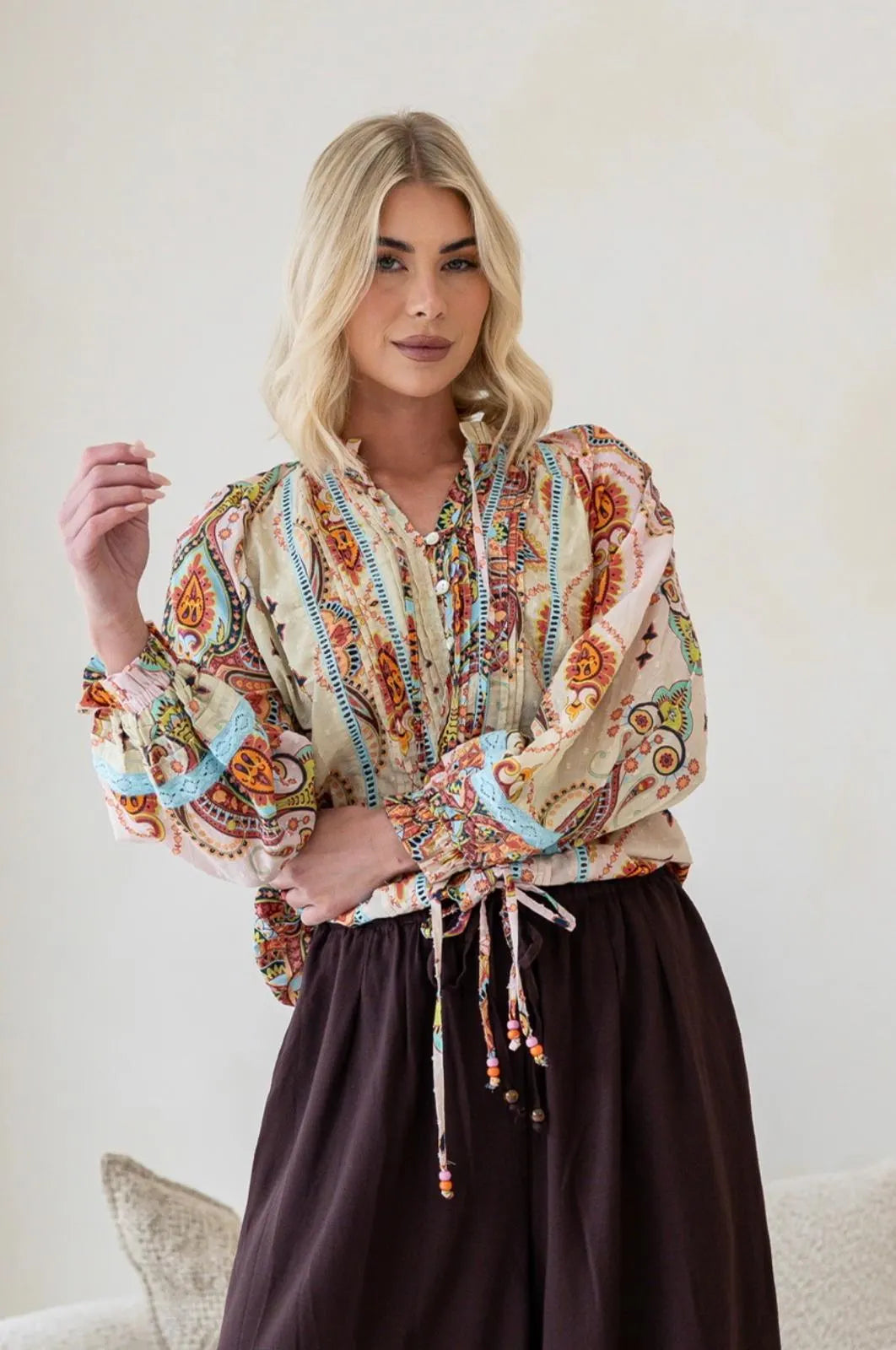 Bohemian Paisley Lace Drawstring Blouse - Soft Pink Soft Green