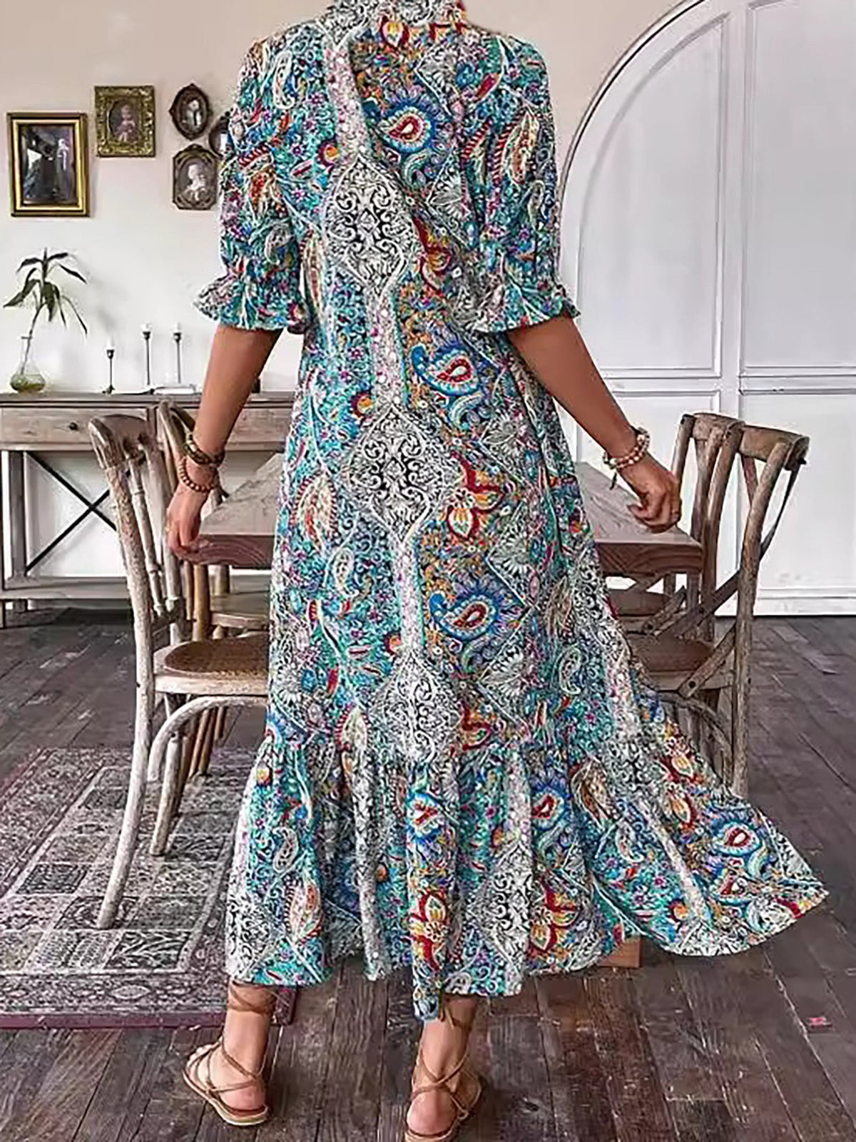 Paisley Bohemian Long Length Vintage Print Tassel Tie Neck Tunic Dress - Elegant Vacation Style with Drawstring, Ruffle Hem, and Random Printing