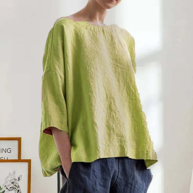 Round Neck Cotton and Linen T-shirt Loose Plus Size Women's Top