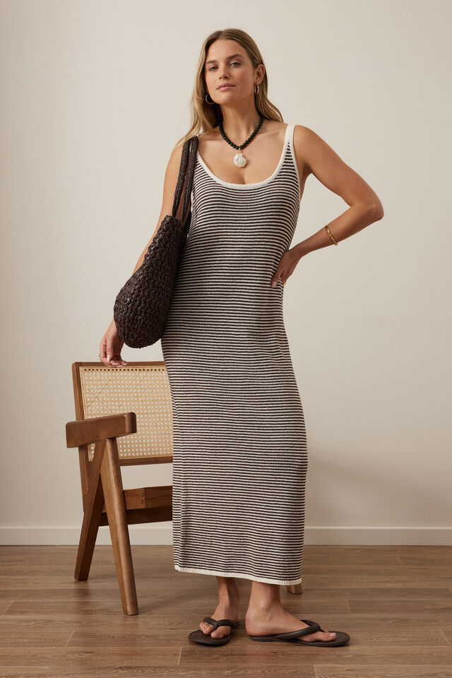 Fia Stripe Knit Midi Dress - Chocolate Ecru Stripe