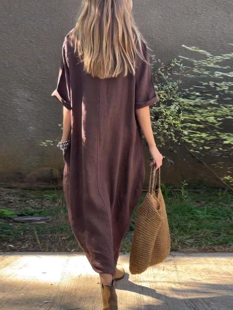 Women's casual solid color cotton and linen dress