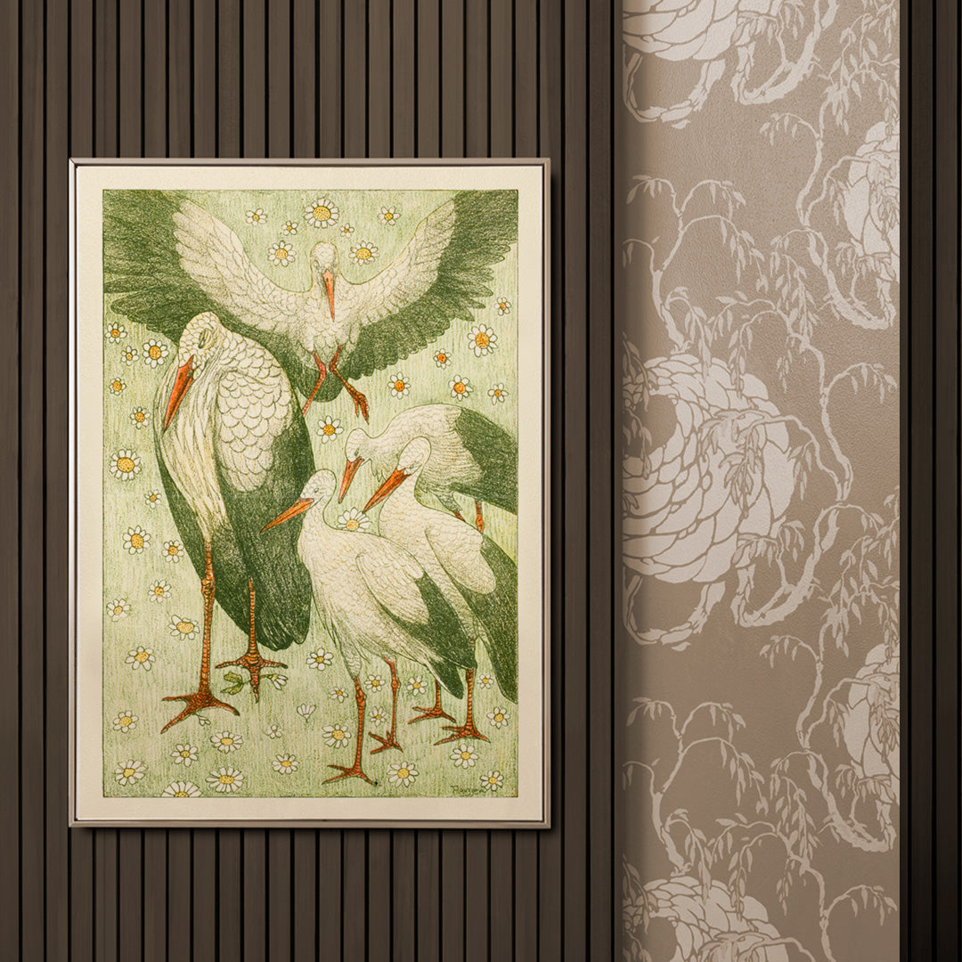 Cinq cigognes dans une prairie Poster by Moryarty - Oil Painting canvas print