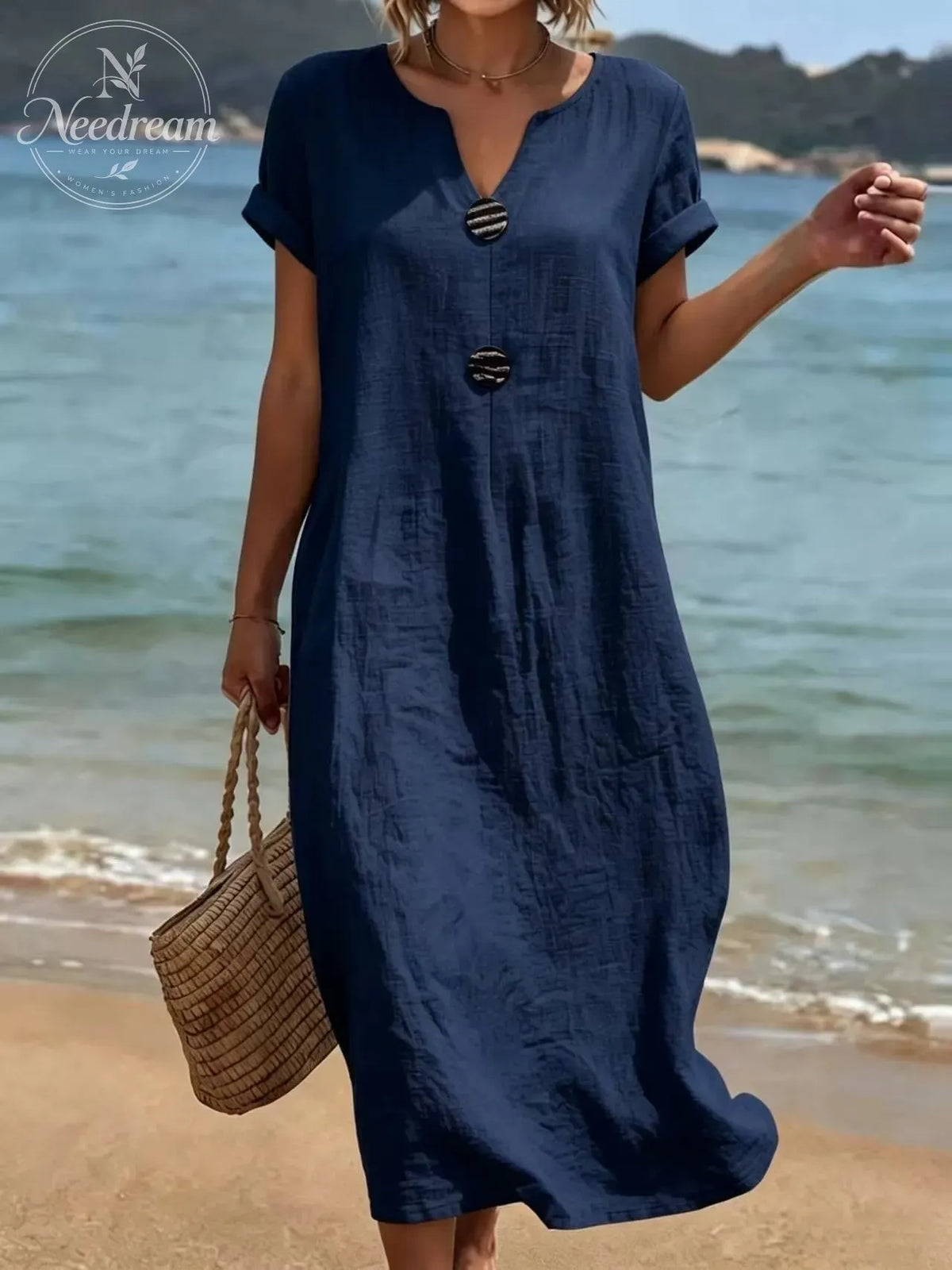 🌿 Summer Midi Dress with V-Neck & Decorative Buttons – Light Linen Material, Short Flared Sleeves