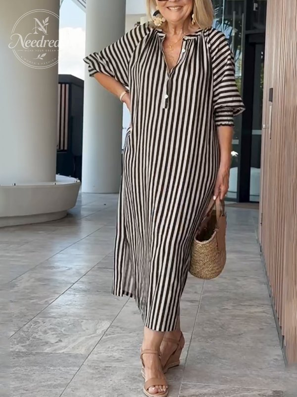 New🔥 Striped Buttoned Vacation Dress