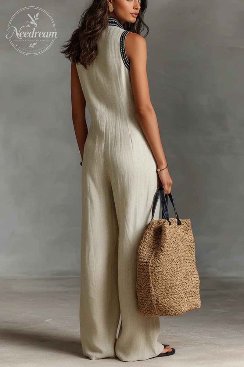 Women’s Linen Blend Sleeveless V-Neck Wide Leg Jumpsuit – Casual Summer Boho Romper with Pockets