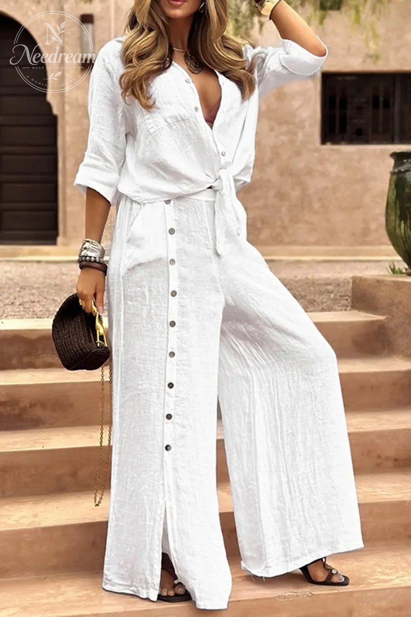 Tie-up Shirt Single-breasted Long Pants Set