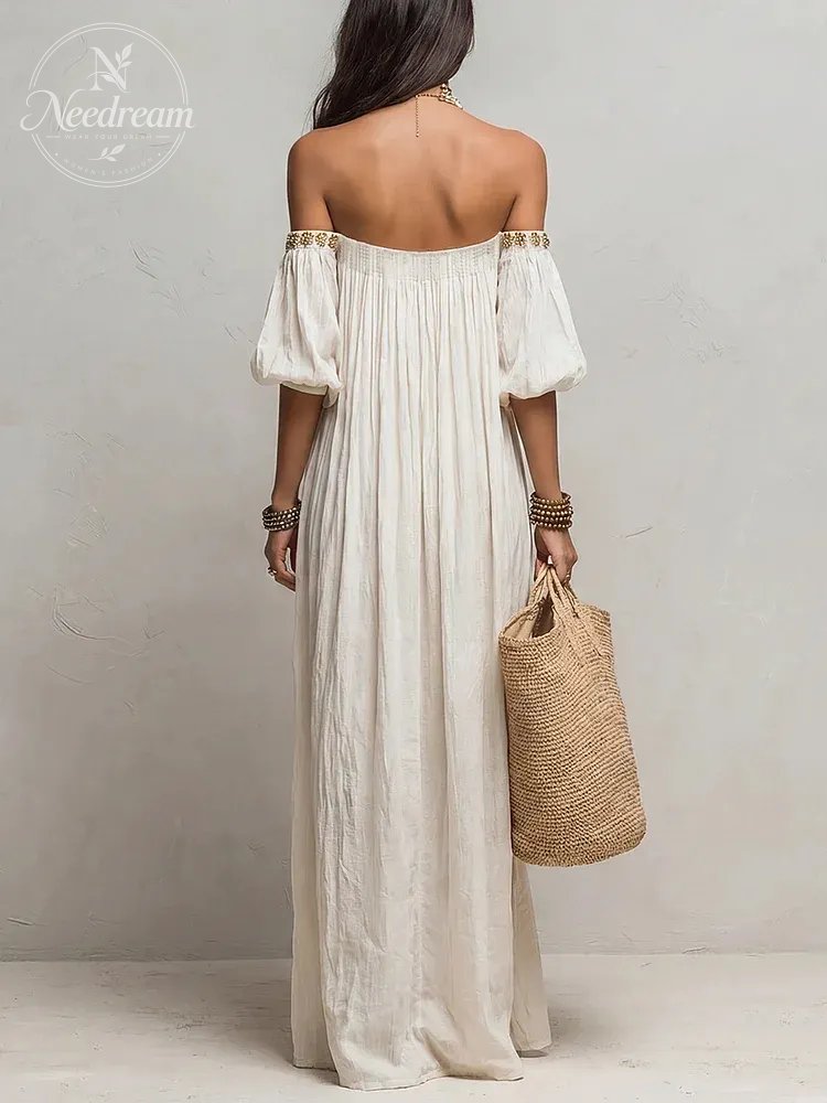 Bohemian Style Off-the-shoulder Pleated Ivory Long Dress