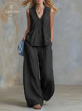 Plus Size Friendly Casual Linen And Cotton Pleated Sleeveless Top And Pants Two-piece Set
